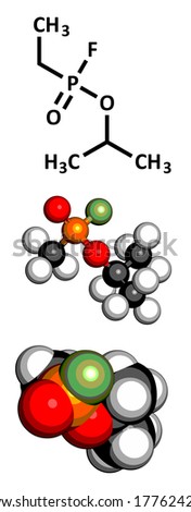 Sarin nerve agent molecule. Chemical weapon, classified as a weapon of mass destruction. Three representations: 2D skeletal formula, 3D ball-and-stick model, 3D space-filling model.
