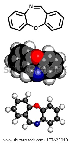 Dibenzoxazepine (CR) tear gas molecule. Used as a riot control agent. Three representations: 2D skeletal formula, 3D space-filling model and 3D ball-and-stick model.