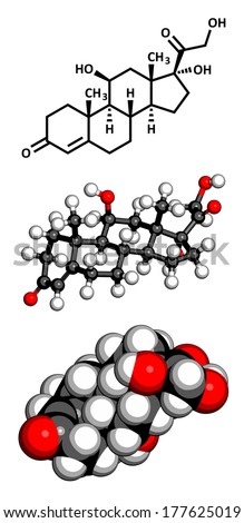 Cortisol (hydrocortisone) stress hormone molecule. Three representations: 2D skeletal formula, 3D ball-and-stick model, 3D space-filling model.