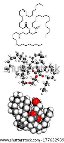 Saturated animal fat triglyceride molecule. Typically found in animal (butter, cheese, beef) fat. Composed of glycerol molecule esterified with 3 fatty acids.