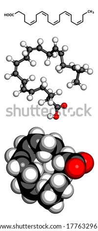Eicosapentaenoic acid (EPA) omega-3 fatty acid molecule. Abundant in many fish oils. Three representations: 2D skeletal formula, 3D ball-and-stick model, 3D space-filling model.