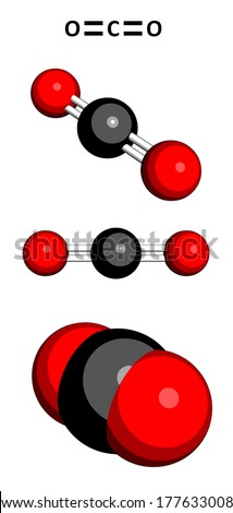 Carbon dioxide (CO2) greenhouse gas molecule, chemical structure. Three representations: 2D skeletal formula, 3D ball-and-stick models, 3D space-filling model.