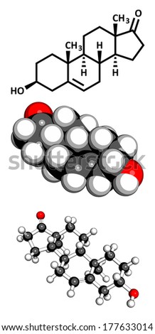Dehydroepiandrosterone (DHEA, prasterone) steroid molecule. Three representations: 2D skeletal formula, 3D space-filling model and 3D ball-and-stick model.