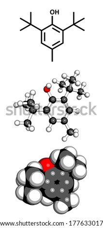 Butylated hydroxytoluene (BHT) food additive molecule. Controversial chemical antioxidant often added to food products. Three representations.