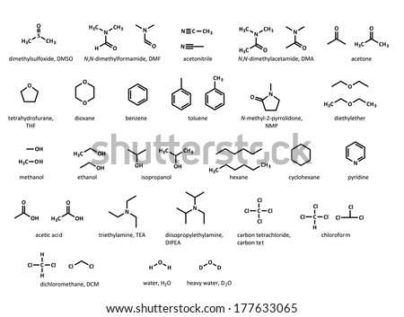 methanol benzene solvents dmf organic hexane ether thf common toluene dmso acetone dioxane acid cyclohexane acetic dichloromethane chloroform water pyridine