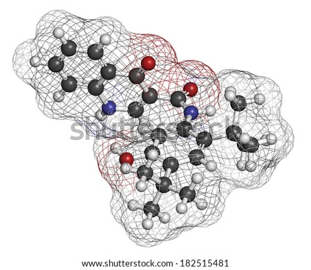 Ivacaftor cystic fibrosis drug molecule. Atoms are represented as spheres with conventional color coding: hydrogen (white), carbon (grey), oxygen (red), nitrogen (blue).