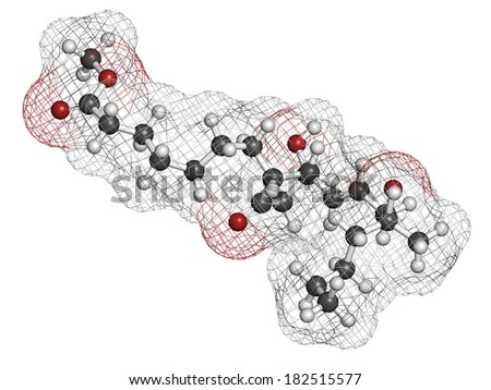 Misoprostol abortion inducing drug molecule. Prostaglandin E1 (PGE1) analogue also used to treat missed miscarriage, induce labor, etc. Atoms are represented as spheres with conventional color coding.