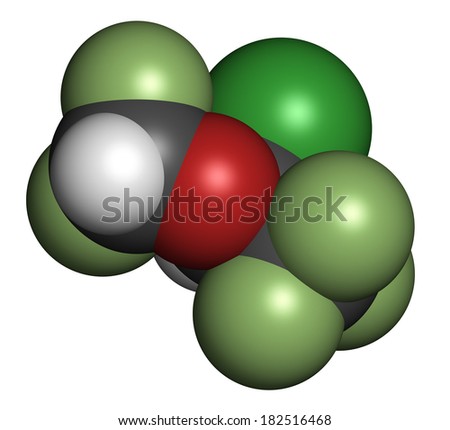 Isoflurane anesthetic drug molecule. Used for inhalational anesthesia during surgery. Atoms are represented as spheres with conventional color coding: hydrogen (white), carbon (grey), oxygen (red),...