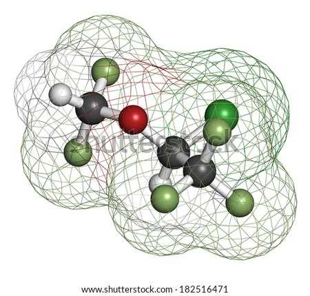 Isoflurane anesthetic drug molecule. Used for inhalational anesthesia during surgery. Atoms are represented as spheres with conventional color coding: hydrogen (white), carbon (grey), oxygen (red),...