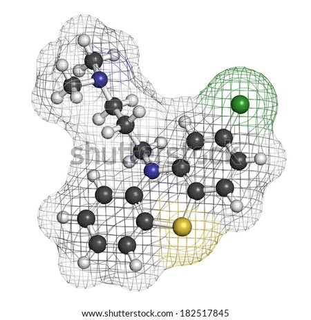 Chlorpromazine (CPZ) antipsychotic drug molecule. Used to treat schizophrenia. Atoms are represented as spheres with conventional color coding: hydrogen (white), carbon (grey), chlorine (green), etc