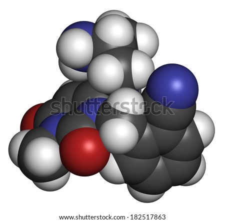 Alogliptin diabetes drug molecule. Belongs to dipeptidyl peptidase 4 (DPP-4) or gliptin class of antidiabetic medicines. Atoms are represented as spheres with conventional color coding.
