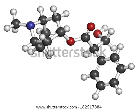 Atropine deadly nightshade (Atropa belladonna) alkaloid molecule. Medicinal drug and poison also found in Jimson weed (Datura stramonium) and mandrake (Mandragora officinarum).