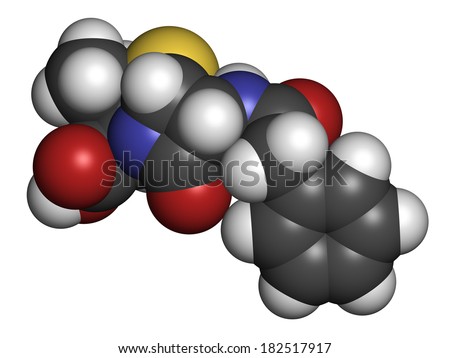 Penicillin G (benzylpenicillin) antibiotic drug molecule. Used to treat bacterial infections; belongs to beta-lactam class. Atoms are represented as spheres with conventional color coding.