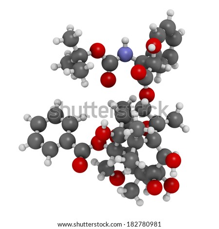 Docetaxel cancer chemotherapy drug molecule. Taxane class drug used in treatment of breast, prostate, lung and ovarian cancer (etc.) Atoms are represented as spheres with conventional color coding.