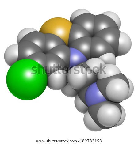 Chlorpromazine (CPZ) antipsychotic drug molecule. Used to treat schizophrenia. Atoms are represented as spheres with conventional color coding: hydrogen (white), carbon (grey), chlorine (green), etc