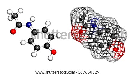 Paracetamol (acetaminophen) analgesic drug molecule. Used to reduce fever and relieve pain. Cartoon style ball-and-stick and ball, stick and mesh surface model.