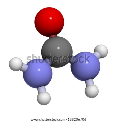 Urea (carbamide) molecule. Used as a fertilizer and in many skin care products. Atoms are represented as spheres with conventional color coding: hydrogen (white), carbon (grey), oxygen (red), etc