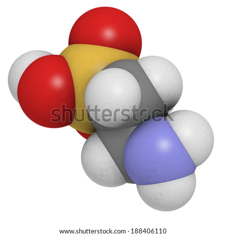 Taurine molecule. Common ingredient of energy drinks. Atoms are represented as spheres with conventional color coding: hydrogen (white), carbon (grey), oxygen (red), nitrogen (blue), sulfur (yellow).