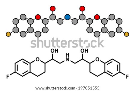 Nebivolol beta blocker drug, chemical structure. Used to treat high blood pressure (hypertension) Conventional skeletal formula and stylized representation.