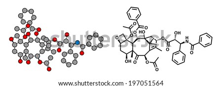 Paclitaxel cancer chemotherapy drug, chemical structure.	Paclitaxel cancer chemotherapy drug, chemical structure. Conventional skeletal formula and stylized representation.