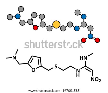 Ranitidine peptic ulcer disease drug, chemical structure.	Ranitidine peptic ulcer disease drug, chemical structure. Blocks stomach acid production. Skeletal formula and stylized representation.