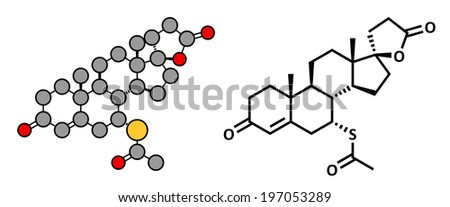 Spironolactone diuretic, antihypertensive and antiandrogen drug, chemical structure. Conventional skeletal formula and stylized representation, showing atoms (except hydrogen) as color coded circles.
