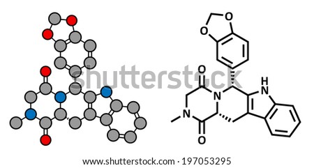 Tadalafil erectile dysfunction drug, chemical structure. Conventional skeletal formula and stylized representation, showing atoms (except hydrogen) as color coded circles.
