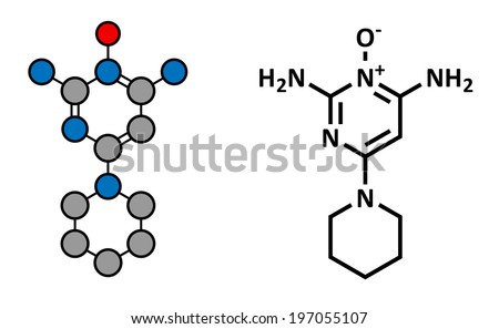 Minoxidil male pattern baldness (androgenic alopecia) drug, chemical structure. Conventional skeletal formula and stylized representation, showing atoms (except hydrogen) as color coded circles.