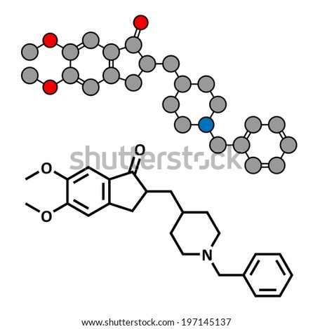 Donepezil Alzheimer\'s disease drug, chemical structure. Conventional skeletal formula and stylized representation, showing atoms (except hydrogen) as color coded circles.