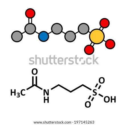 Acamprosate alcoholism treatment drug, chemical structure. Conventional skeletal formula and stylized representation, showing atoms (except hydrogen) as color coded circles.