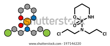 Cyclophosphamide cancer chemotherapy drug, chemical structure. Belongs to nitrogen mustard alkylating agents class of cancer drugs. Conventional skeletal formula and stylized representation.