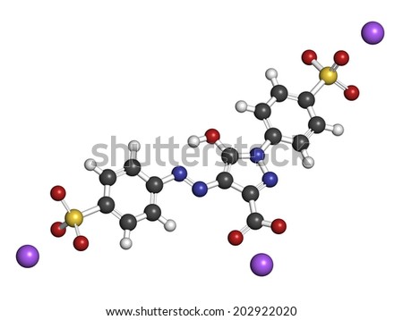 Tartrazine (E102) food dye molecule. Yellow azo dye used in food, beverages, pharmaceuticals, etc. Allergenic. Atoms are represented as spheres with conventional color coding: hydrogen (white), etc