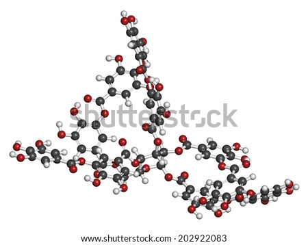 Tannic acid molecule (one isomer shown). Type of tannin. Atoms are represented as spheres with conventional color coding: hydrogen (white), carbon (grey), oxygen (red).