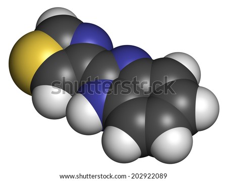 thiabendazole (tiabendazole) fungicidal and anti-parasite molecule. Used as food preservative and antihelmintic drug. Atoms are represented as spheres with conventional color coding.