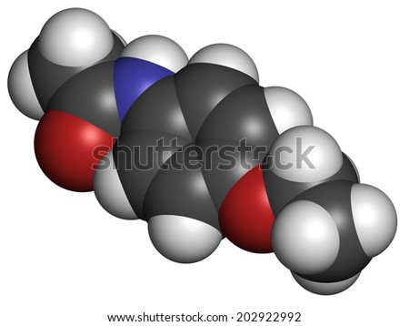 Phenacetin banned painkiller drug. Found to cause cancer and kidney damage. Atoms are represented as spheres with conventional color coding: hydrogen (white), carbon (grey), oxygen (red), etc