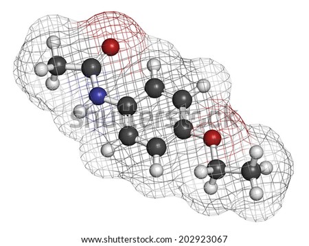 Phenacetin banned painkiller drug. Found to cause cancer and kidney damage. Atoms are represented as spheres with conventional color coding: hydrogen (white), carbon (grey), oxygen (red), etc