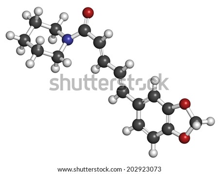 Piperine black pepper molecule. Responsible for the pungency of black pepper and long pepper. Atoms are represented as spheres with conventional color coding: hydrogen (white), etc