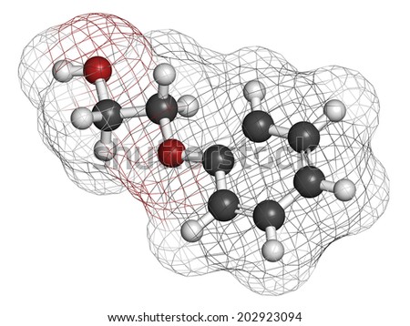 Phenoxyethanol preservative molecule. Used in cosmetics, vaccines, drugs, etc. Atoms are represented as spheres with conventional color coding: hydrogen (white), carbon (grey), oxygen (red).