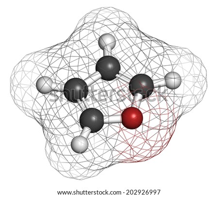 Furan heterocyclic aromatic molecule. Atoms are represented as spheres with conventional color coding: hydrogen (white), carbon (grey), oxygen (red).