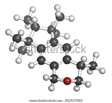 Galaxolide (HHCB) synthetic musk molecule. Used in production of perfumes, soaps, cosmetics, detergents, etc. Atoms are represented as spheres with conventional color coding: hydrogen (white), etc