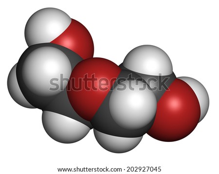 Diethylene glycol chemical solvent molecule. Highly toxic. Used as adulterant in wine, syrups and counterfeit drugs. Atoms are represented as spheres with conventional color coding: hydrogen (white),.