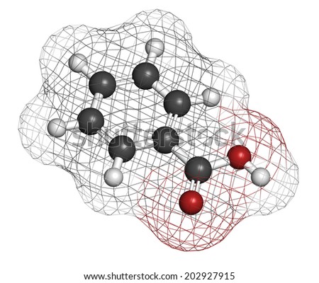 Benzoic acid molecule. Benzoate salts are used as food preservatives. Atoms are represented as spheres with conventional color coding: hydrogen (white), carbon (grey), oxygen (red).