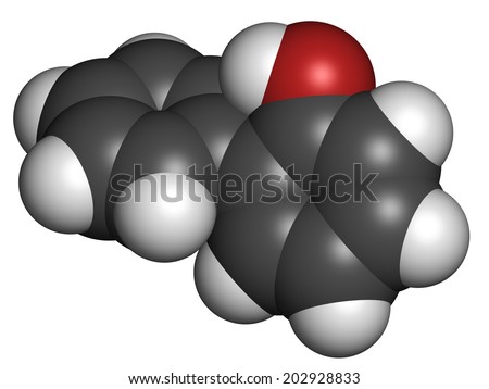 2-phenylphenol preservative molecule. Biocide used as food additive, preservative, and disinfectant.  Atoms are represented as spheres with conventional color coding: hydrogen (white), etc