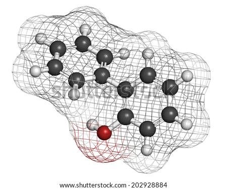 2-phenylphenol preservative molecule. Biocide used as food additive, preservative, and disinfectant.  Atoms are represented as spheres with conventional color coding: hydrogen (white), etc