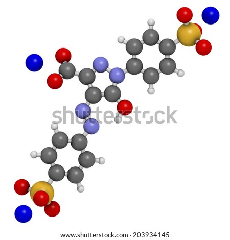 Tartrazine (E102) food dye molecule. Yellow azo dye used in food, beverages, pharmaceuticals, etc. Allergenic. Atoms are represented as spheres with conventional color coding: hydrogen (white), etc