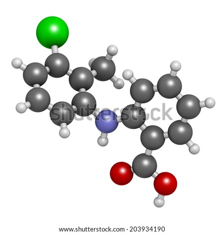 Tolfenamic acid NSAID drug. Used in treatment of inflammation and migraine. Atoms are represented as spheres with conventional color coding: hydrogen (white), carbon (grey), etc