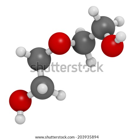 Diethylene glycol chemical solvent molecule. Highly toxic. Used as adulterant in wine, syrups and counterfeit drugs. Atoms are represented as spheres with conventional color coding.