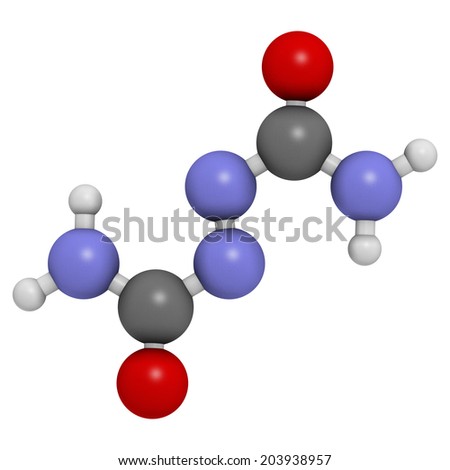 Azodicarbonamide food additive molecule. Used in bread production as flour improving agent and as blowing agent in the production of foam plastics. Atoms are represented as spheres.