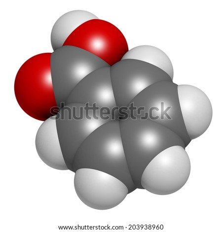 Benzoic acid molecule. Benzoate salts are used as food preservatives. Atoms are represented as spheres with conventional color coding: hydrogen (white), carbon (grey), oxygen (red).