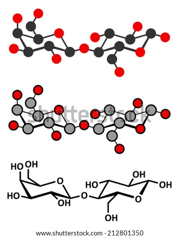 Lactose milk sugar molecule. Stylized 2D renderings and conventional skeletal formula.